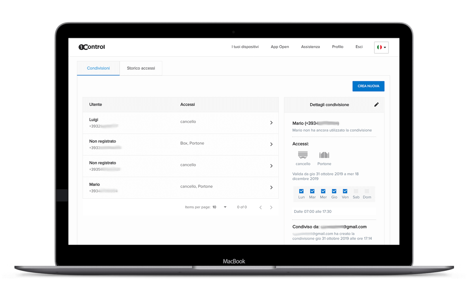 Registro degli accessi del business center consultabile in tempo reale dall'area web 1Control ACCESS
