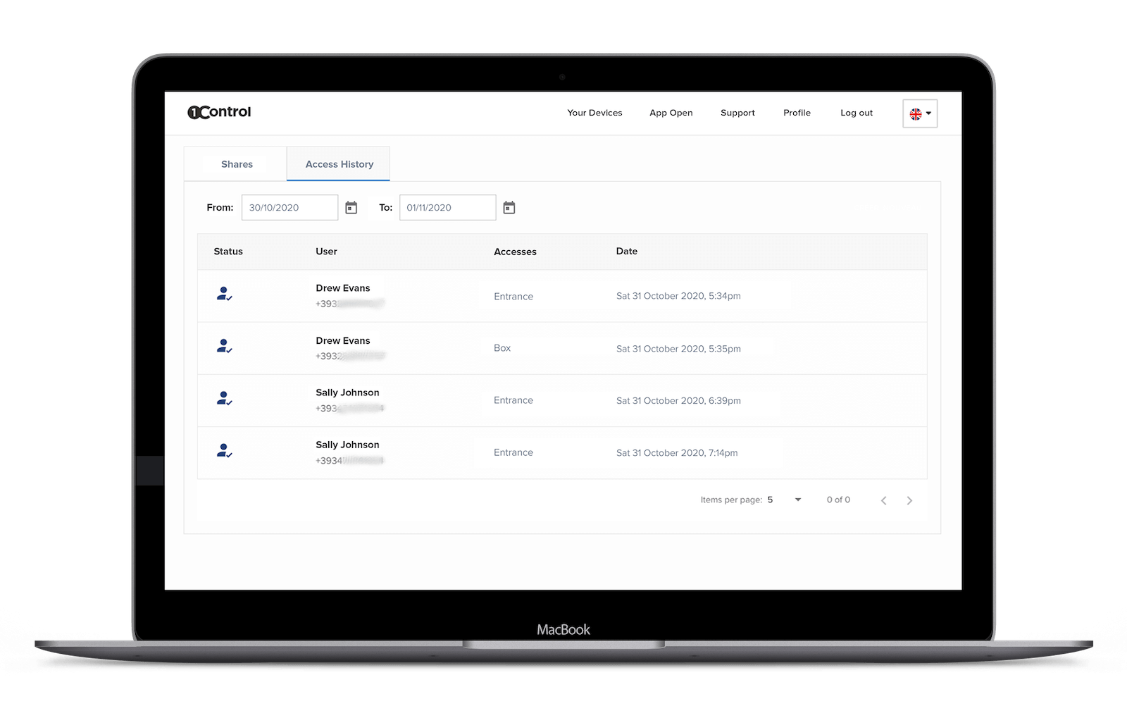 Business center access log viewed in real time from the 1Control ACCESS web admin area