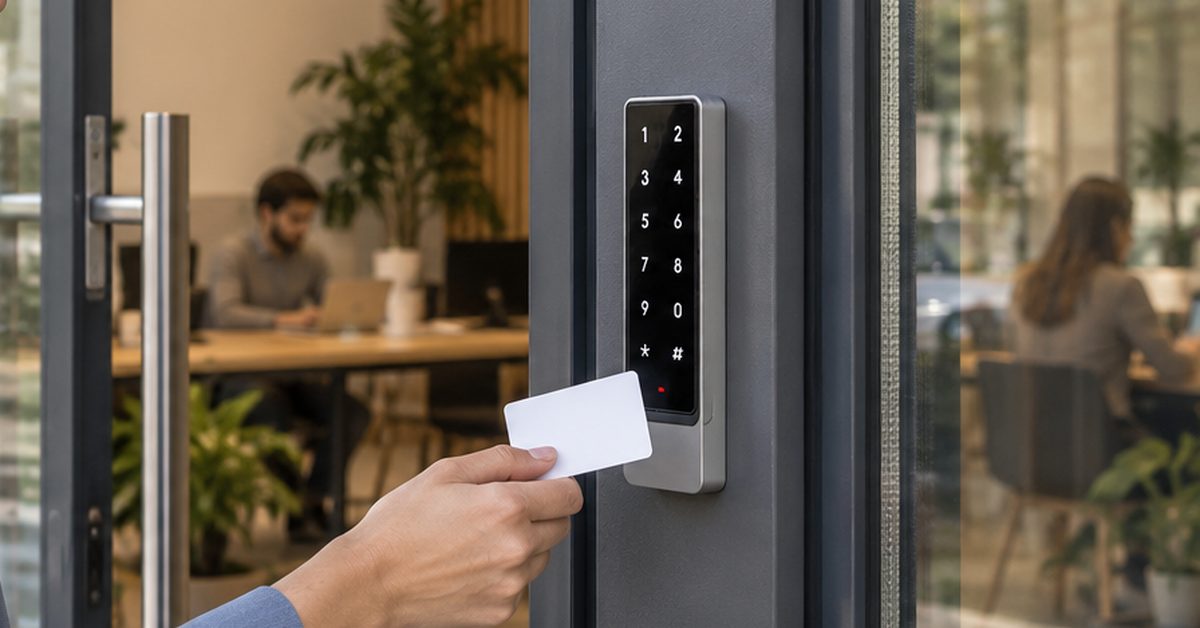 Badge held up to the 1Control ACCESS smart keypad at an office entrance
