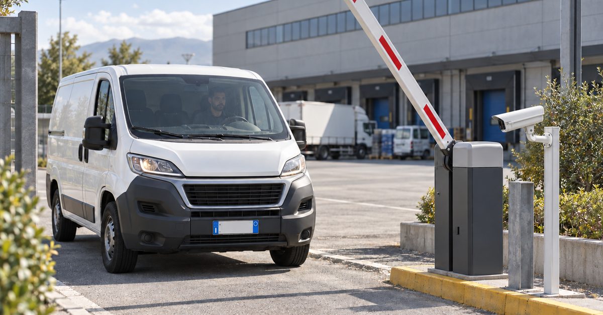 Βαν κούριερ μπροστά στην μπάρα μιας αποθήκης, με την κάμερα ανάγνωσης πινακίδων του 1Control ACCESS