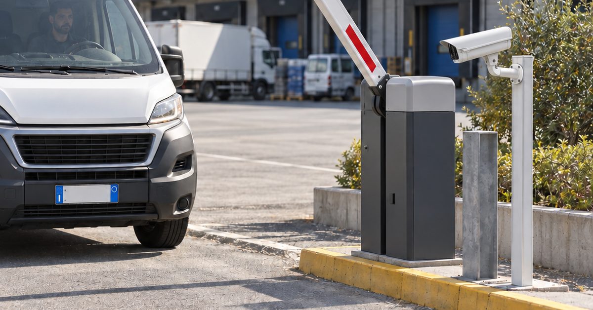 Transporter vor einer Schranke mit der Kamera zur Kennzeichenerkennung von 1Control ACCESS