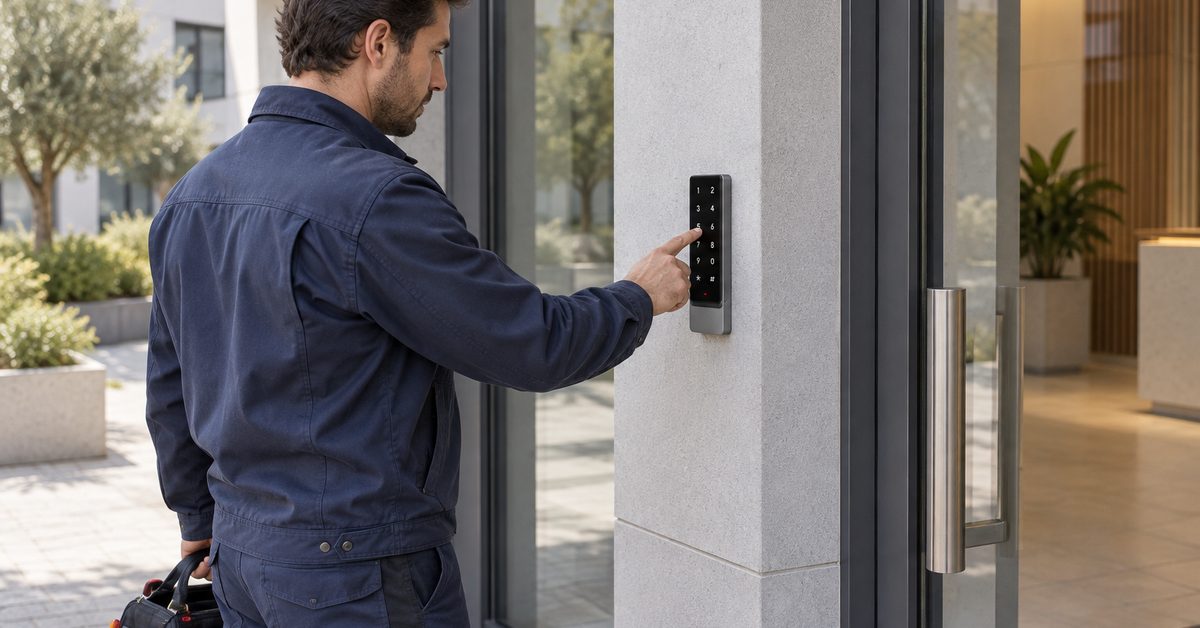 Üveghomlokzatú üzlethelyiség, amelynek személyzeti bejáratát az 1Control ACCESS beléptető rendszer kezeli