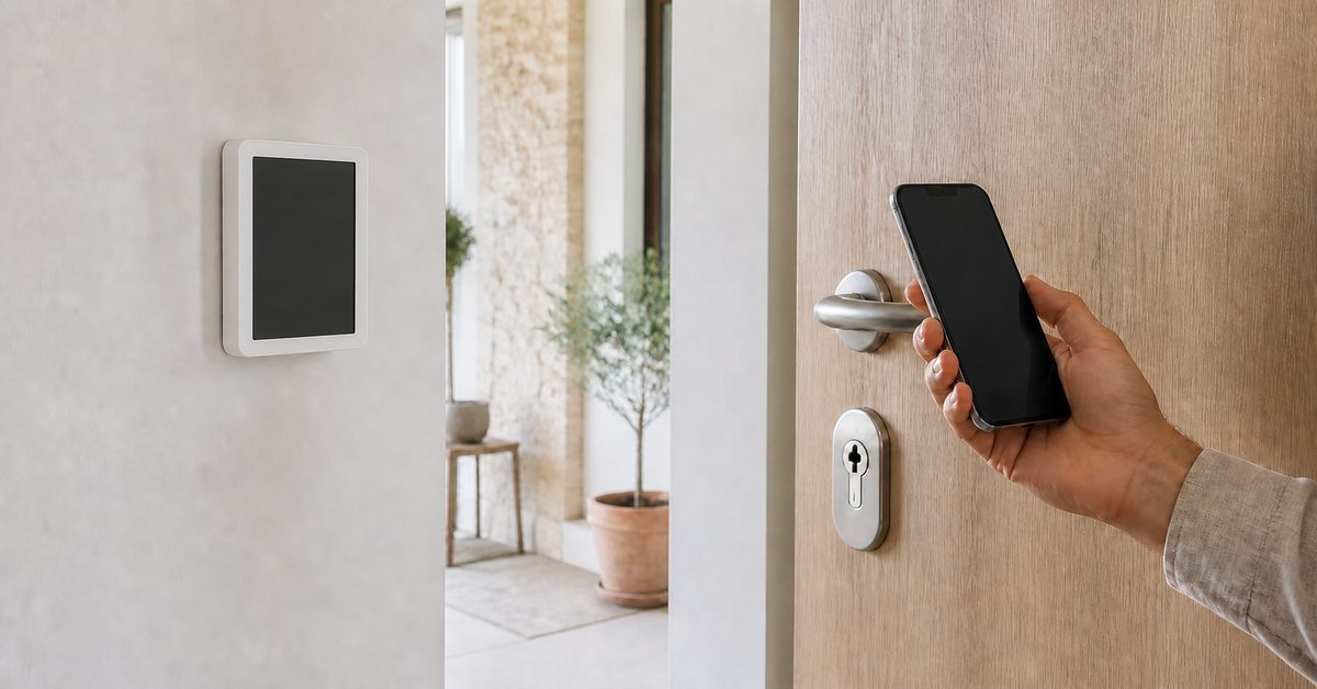 Alarm keypad on a wall and a front door with a smartphone: alerting to intrusions and controlling access are two different jobs