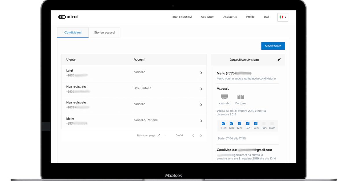 Controllo accessi business center: registro degli accessi dall'area web 1Control ACCESS