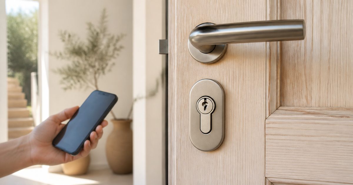 Porta d'ingresso con serratura a cilindro in primo piano e smartphone: la protezione meccanica e il controllo delle chiavi sono la prima difesa contro i ladri