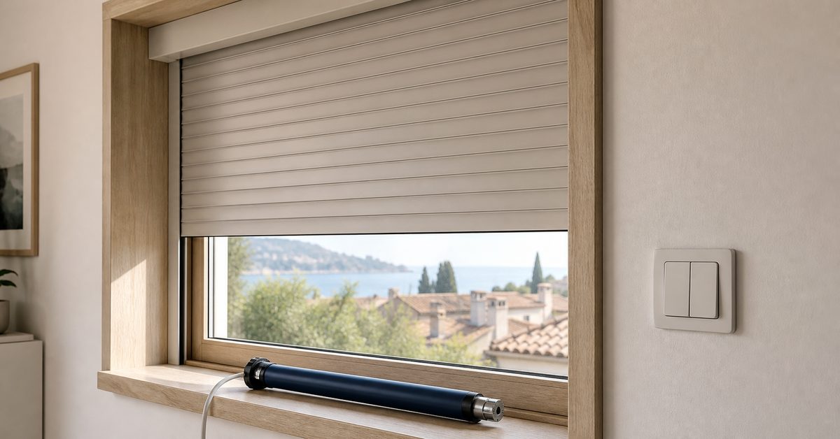 Ventana con persiana enrollable, motor tubular e interruptor de pared: los componentes de la motorización de persianas
