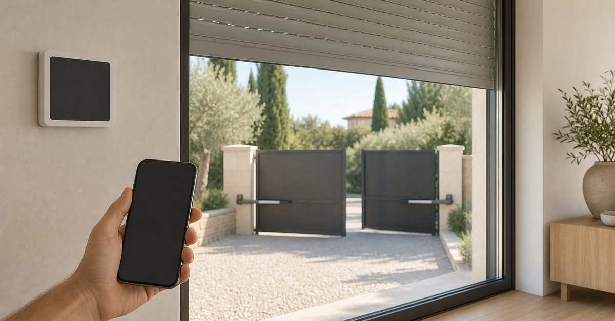Interruttore smart per tapparelle e smartphone, con un cancello automatico sullo sfondo: tapparelle e accessi esterni viaggiano su sistemi diversi