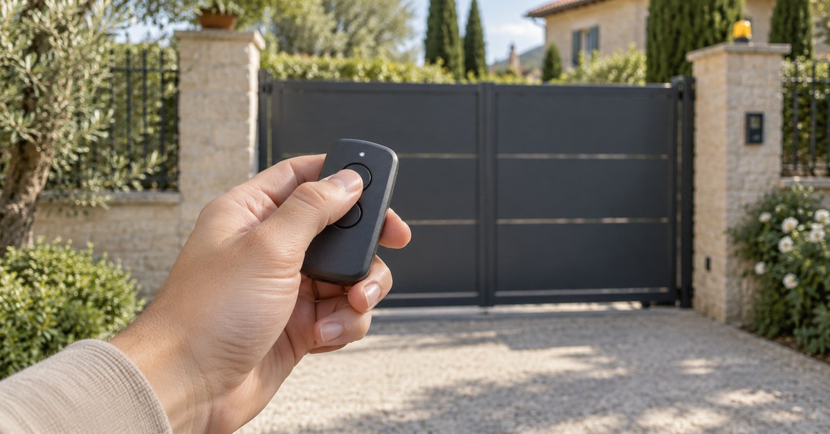 Mano con telecomando davanti a un cancello: differenza tra rolling code e codice fisso