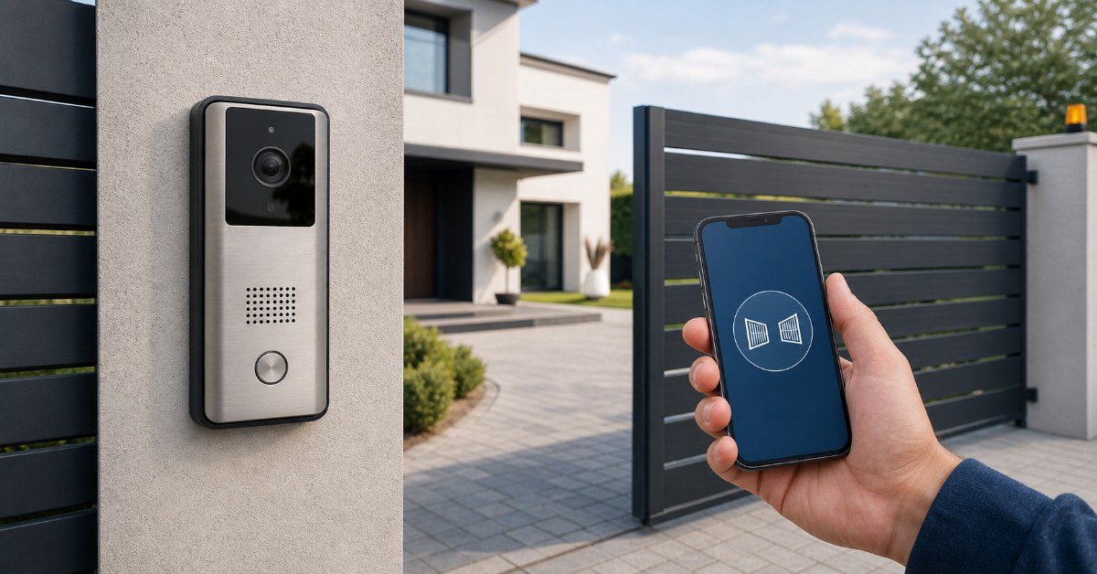 Türklingel mit Kamera an einer Einfahrt und Smartphone vor einem automatischen Hoftor: zwei getrennte Lösungen zum Sehen und Öffnen