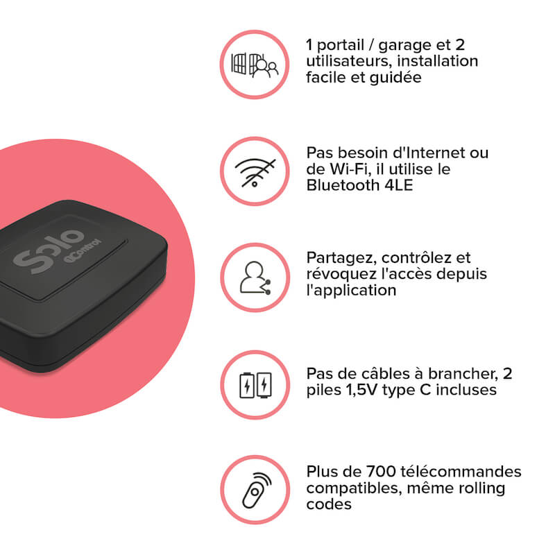 Ouvre-Portail Bluetooth 4.0 pour portails et Portes de Garage contrôlées par télécommande 1Control Solo Solo 4Portails, 10 utilisateurs 